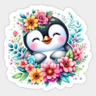 A baby penguin decorated with beautiful colorful flowers. Sticker